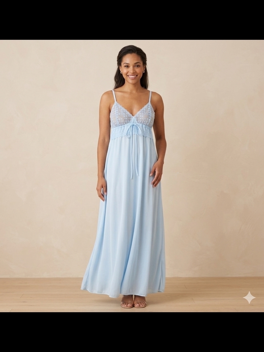 NISE STEVENS Lace-Trim Light Blue Long Chemise with Tie Waist Size S.